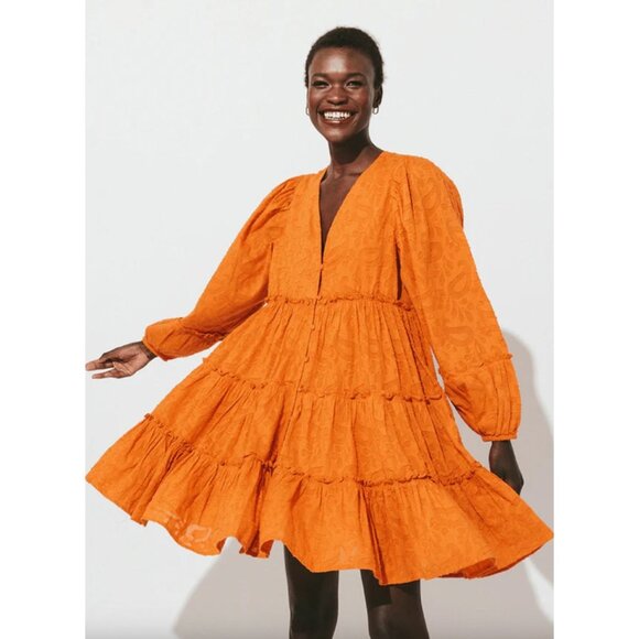 NWT Cleobella Blythe Mini Dress in Bright Orange Floral Jacquard Tiered Boho XS - Picture 1 of 16
